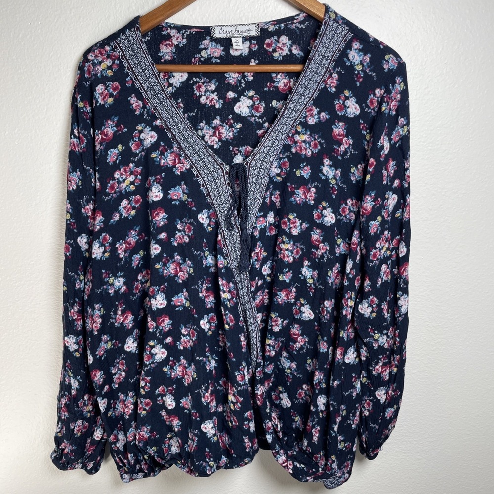 Crave Fame Women 2X Navy Floral Blouse Boho Cottagecore Rayon Surplice Tassel